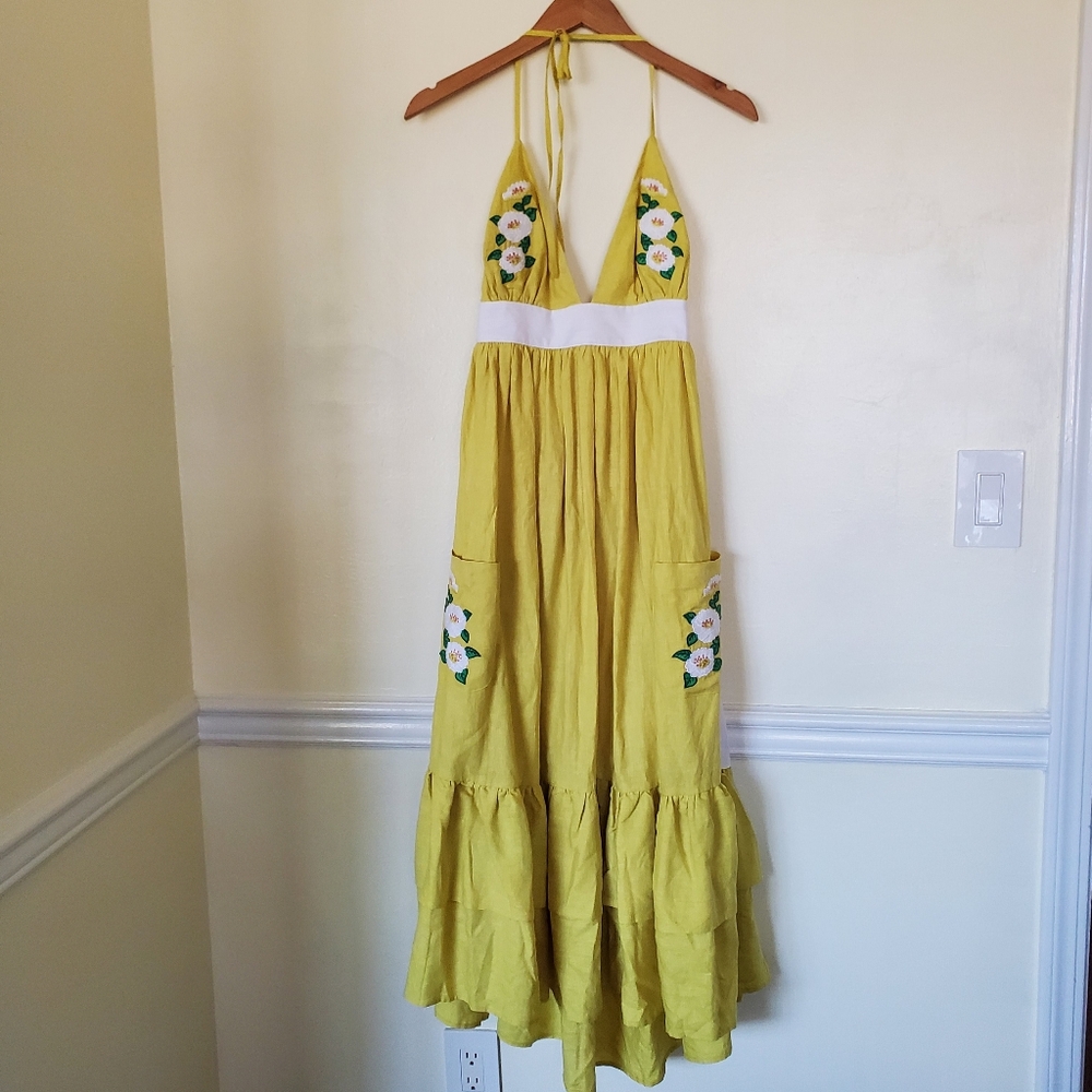 🏷Fanm Mon🌻Yamile Floral Embroidered Halter Tie Neck Midi Dress Yellow Linen